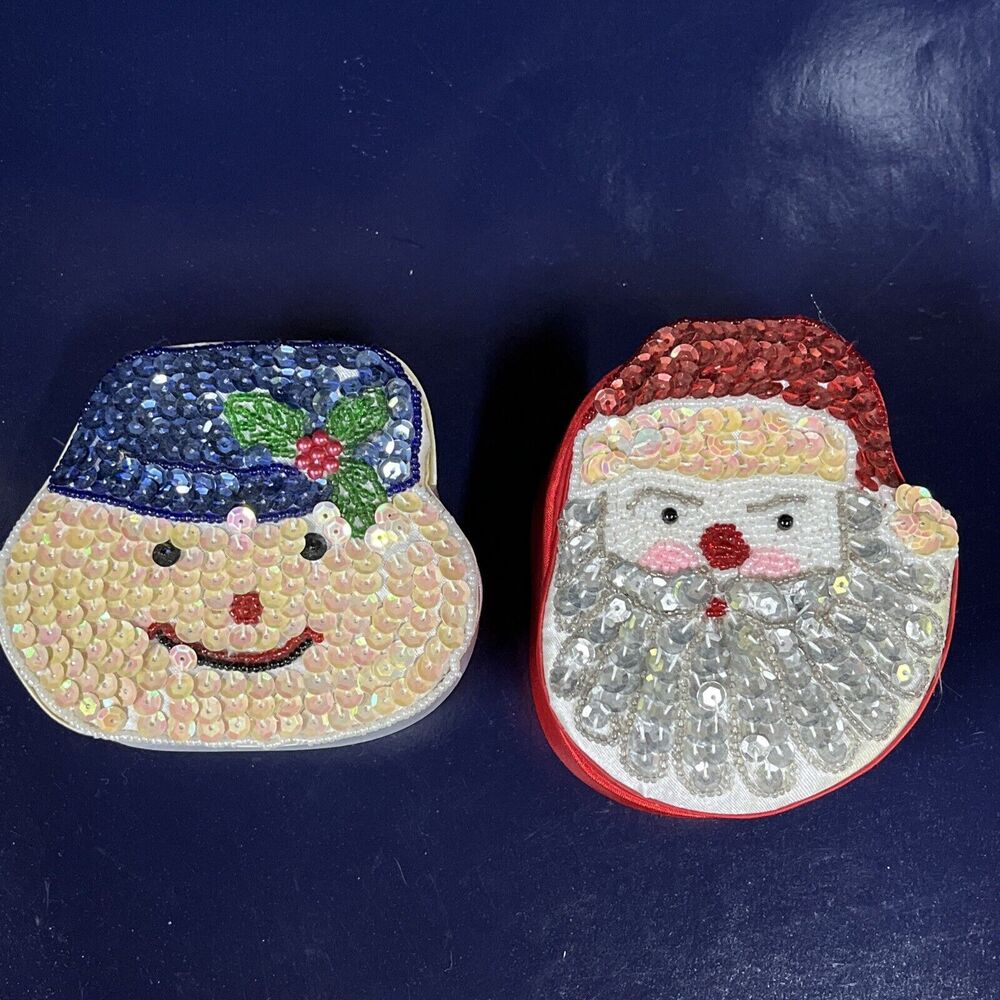 VTG Lot Of 2 Satin Beaded Xmas Gift Trinket Box White Snowman‎ & Red Santa  -D10